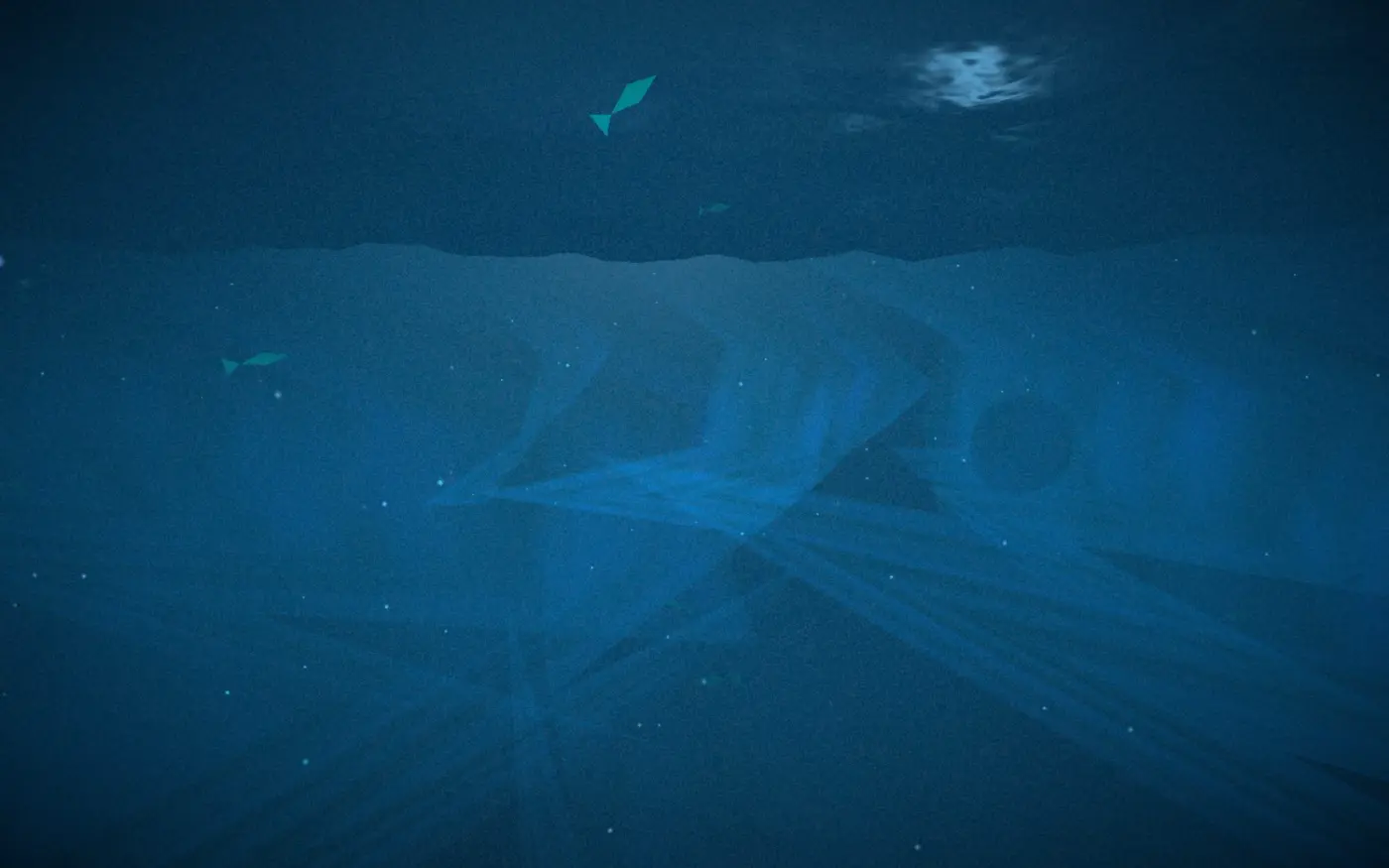 L'océan : une nappe de Gerstner traversée de fûts de lumière.